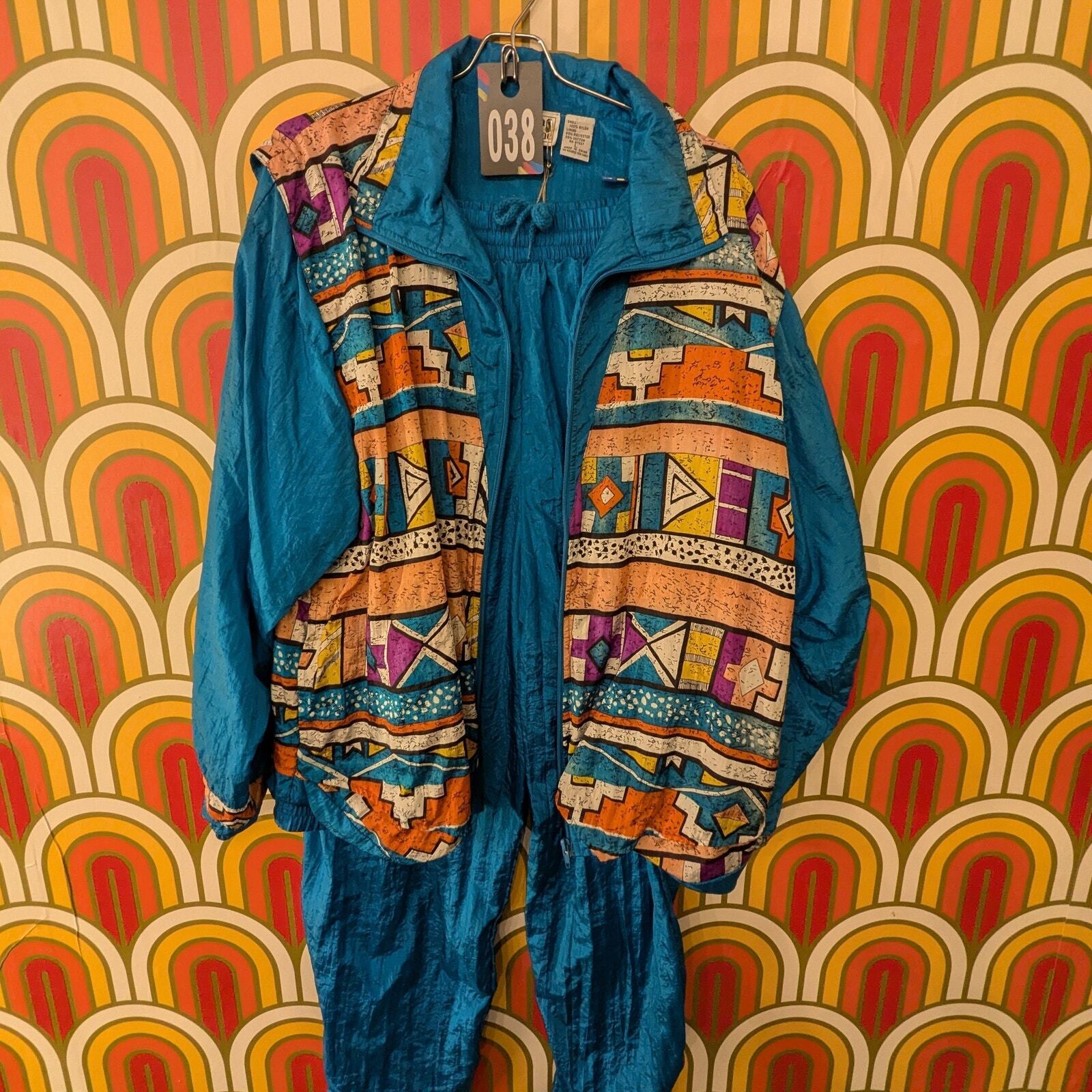 Vintage 90s Laura Katherine Full Zip Teal Blue Lined Windbreaker Sz L Aztec