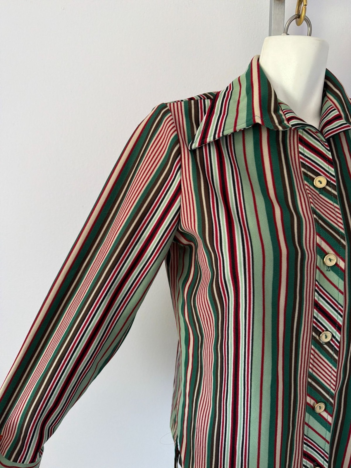 Vintage 70s Retro Green Striped Dagger Collar Secretary Disco Blouse Womens Med