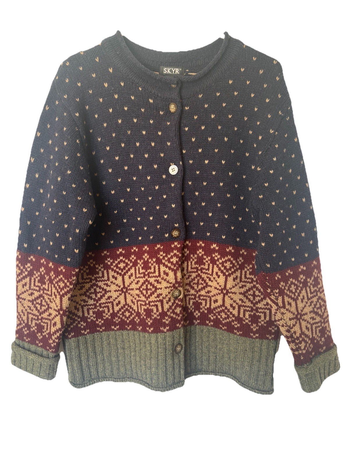 Vtg 90s Norwegian Fair Isle 100% Wool Winter Cardigan Sweater Button SKYR Sz M