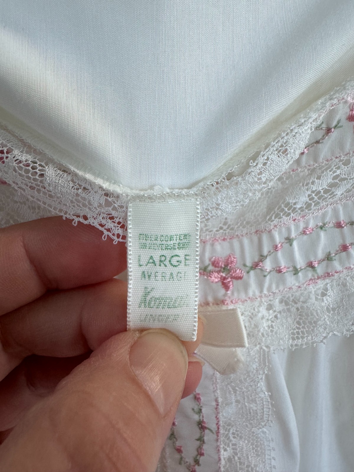 Vintage Komar Nightgown Large Average White Pink Embroidery Lace Cottagecore