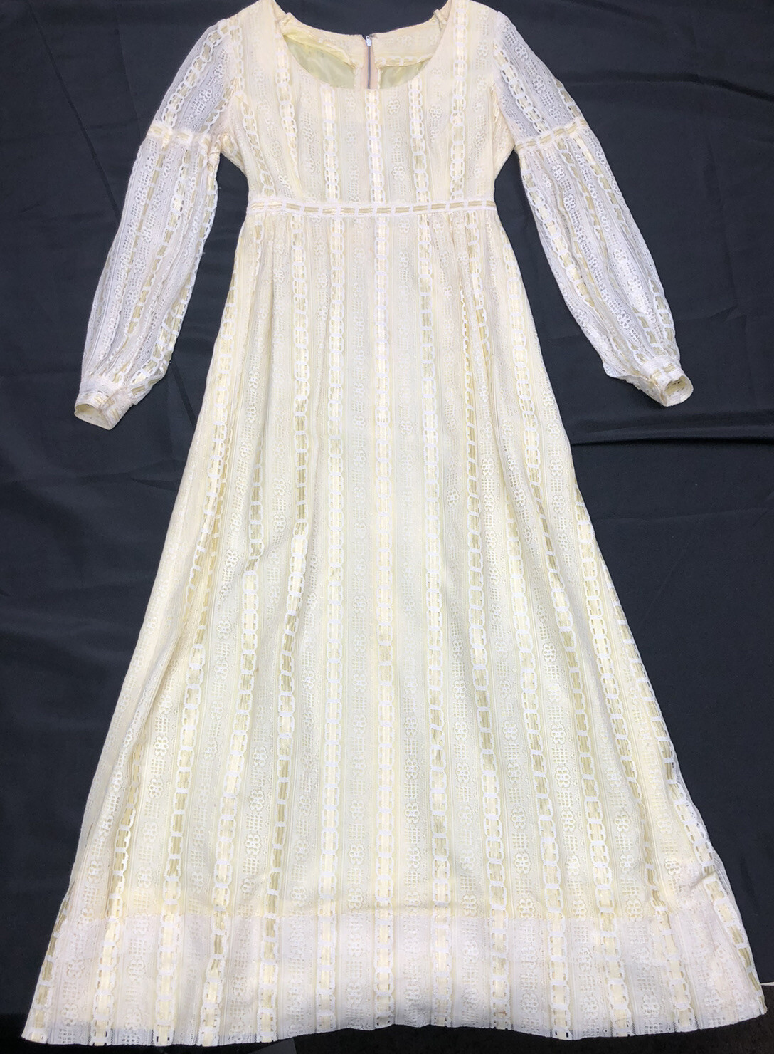 Vintage Lace Hippie MOD BOHO MAXI DRESS Yellow White 1960’s 1970s