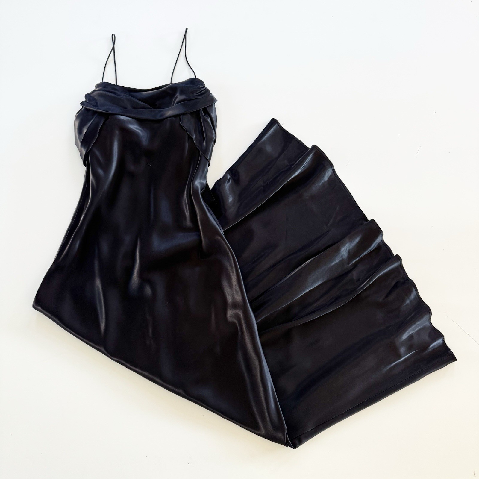 Vintage 90s Ruched Black Satin Strappy Evening Dress Formal Prom Gown Size 12