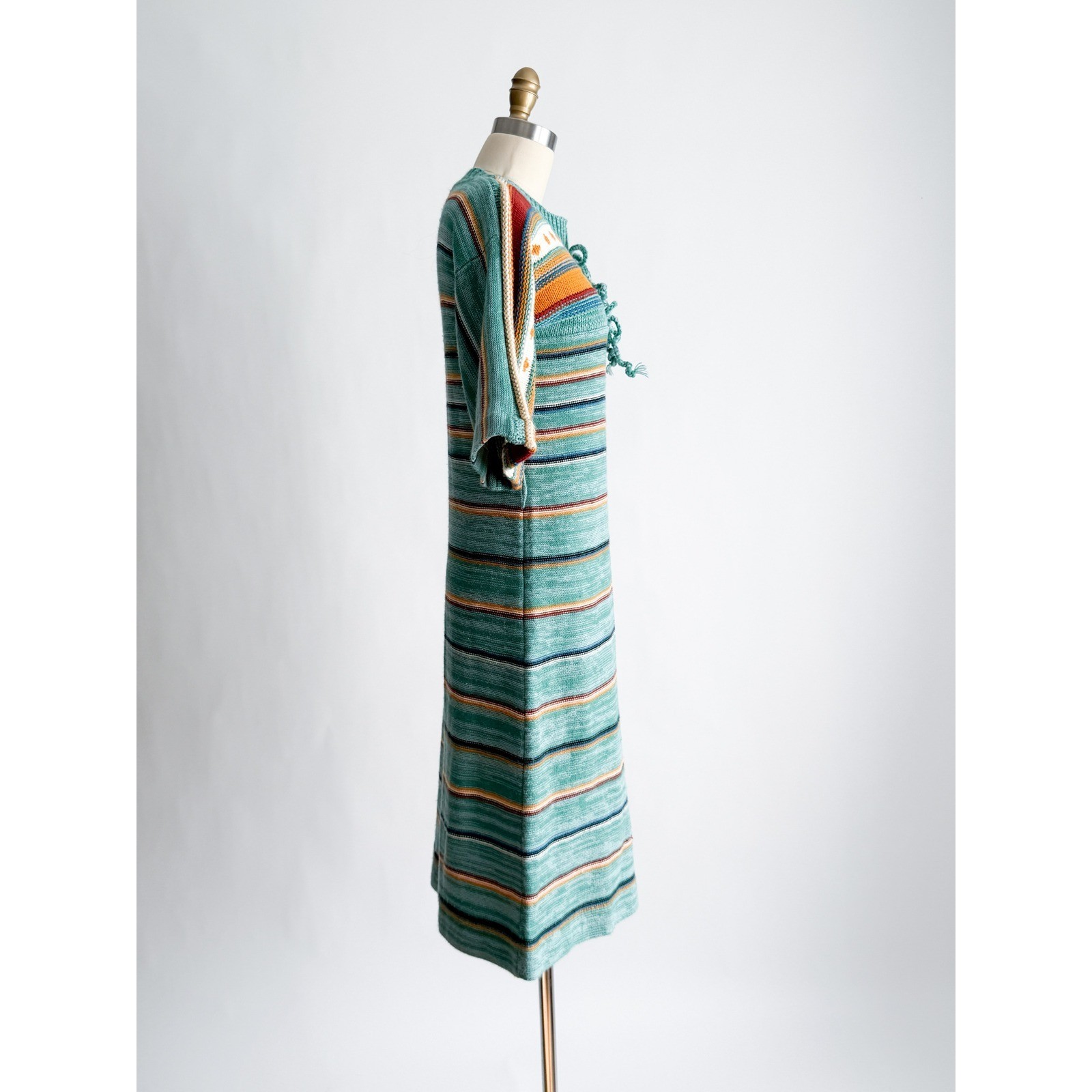 Albee Vintage 70s Knit Midi Dress Boho Striped Bell Sleeve L Teal Orange Retro