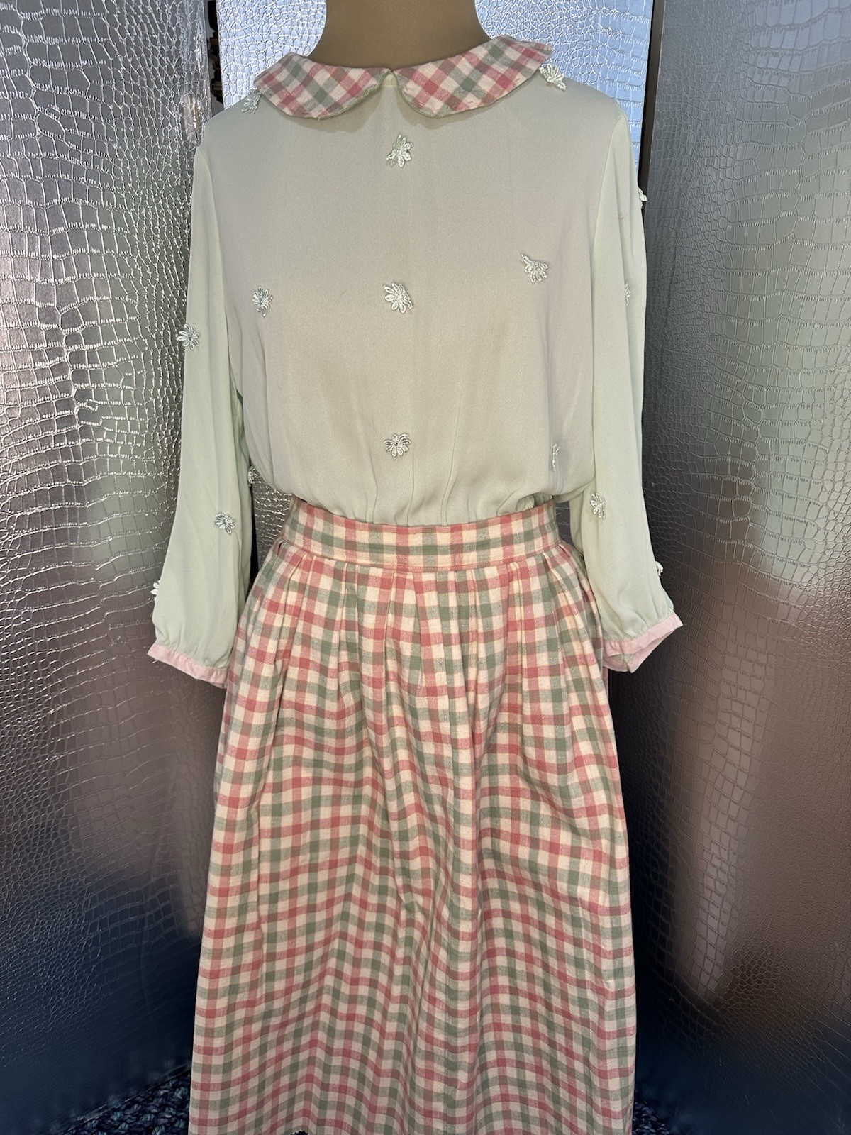 Vintage Mint Green Dress With Matching Red Green Beige Plaid Skirt