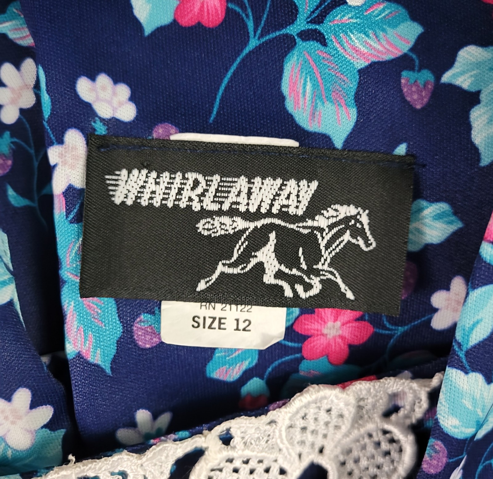 Vintage Whirlaway Blue Floral Dress w White Lace Inset & Matching Belt Size 12