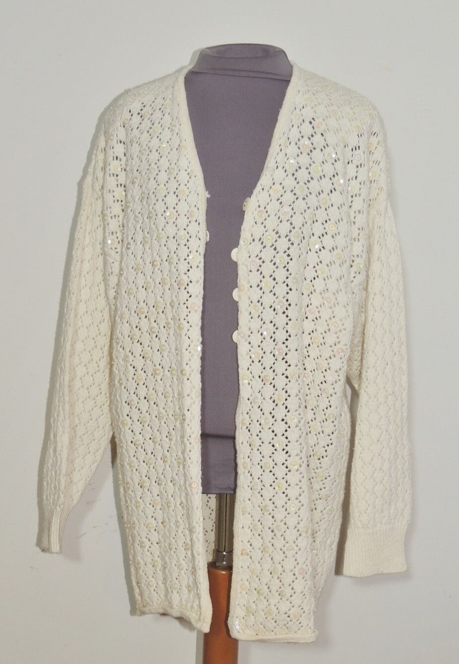 Vintage 1980’s Eminent Ramie Cotton Crochet Cardigan Sweater w Sequins S