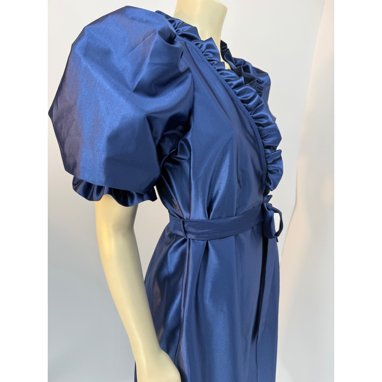 Vintage Puff Sleeve Satin Robe Royal Blue Ruffle Neck Tie Waist Maxi Wrap M/L