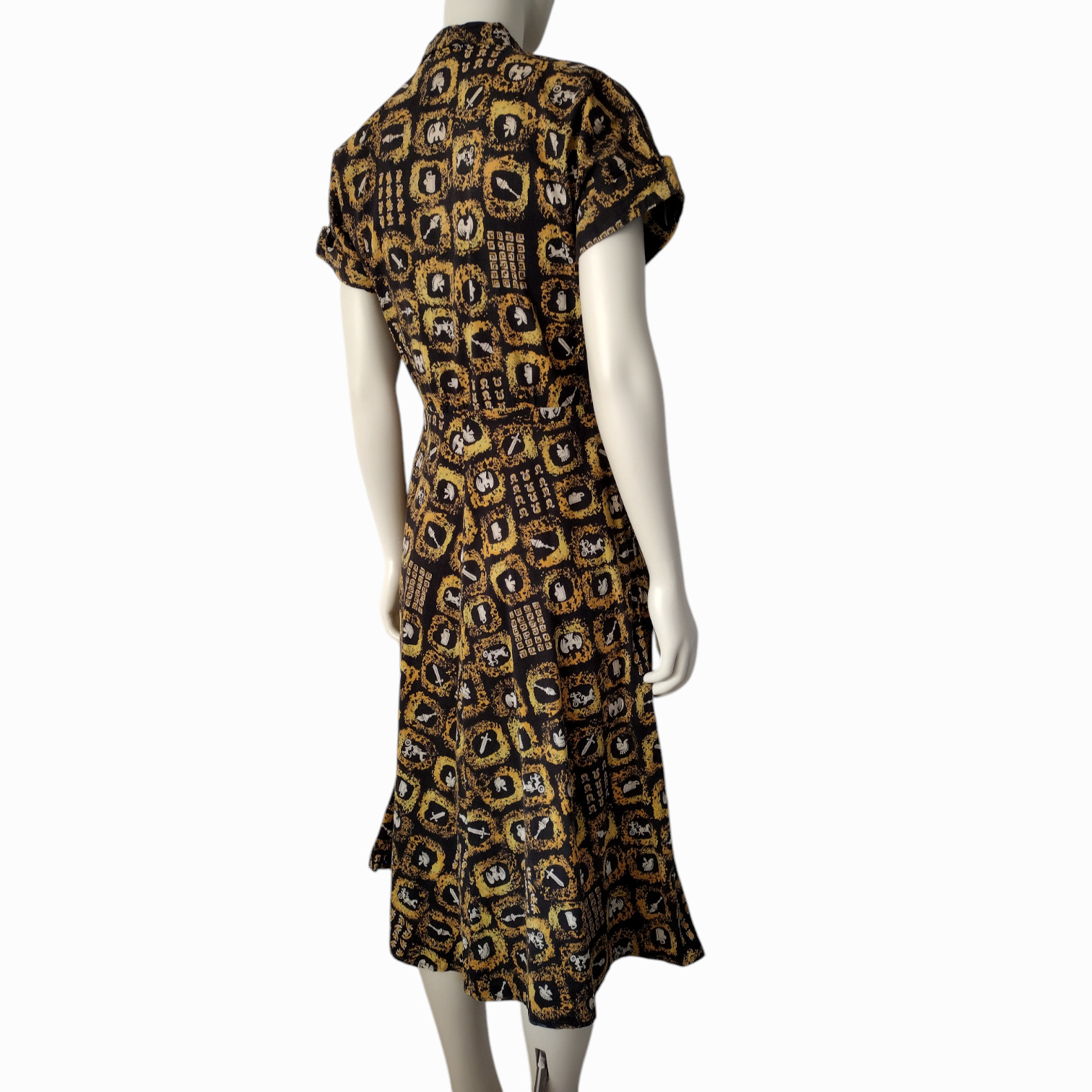 Vintage 1950s Black and Yellow Spartan Warrior Novelty Print Midi A Line Dress