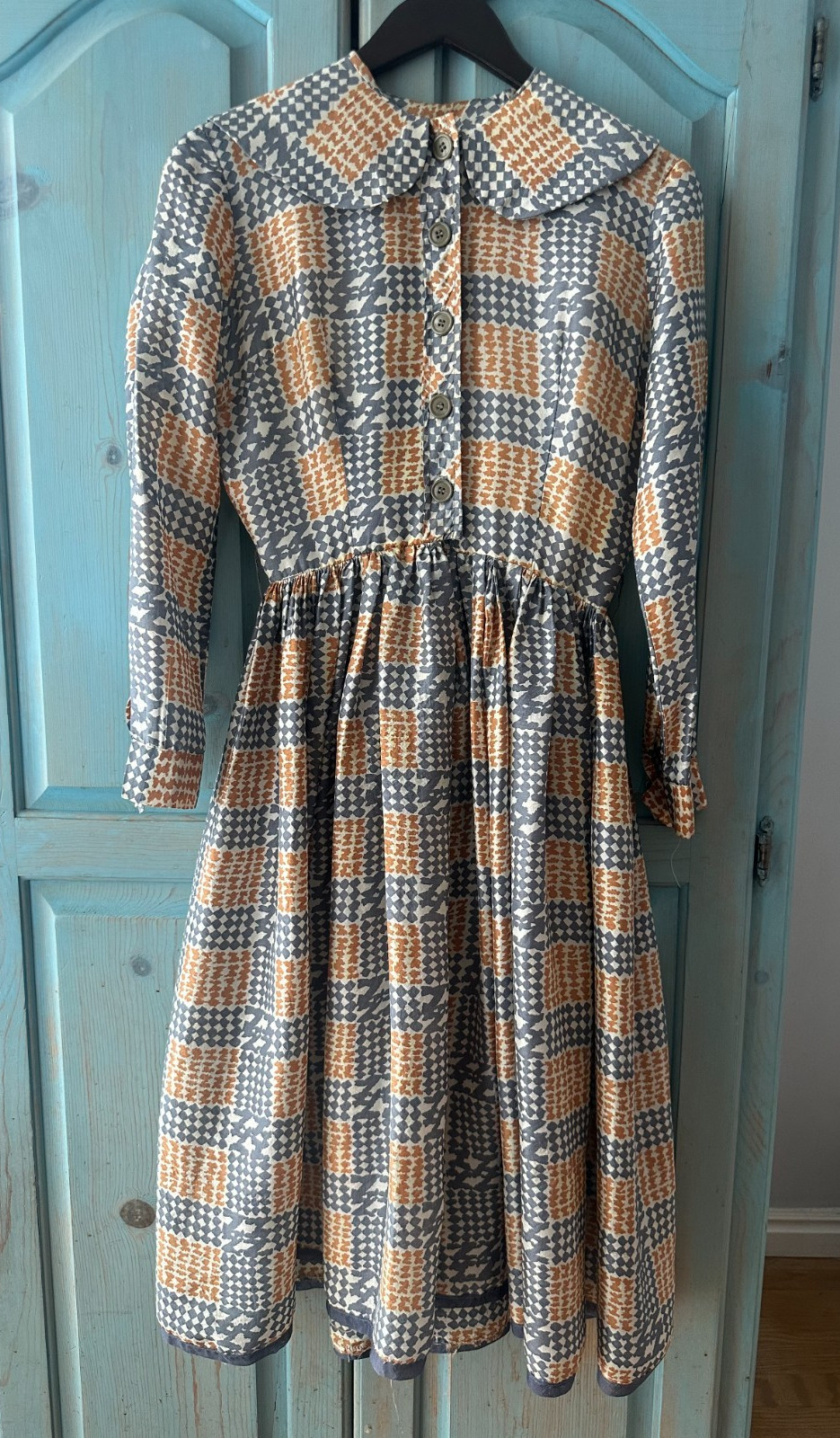 Unbranded Handmade Vintage Silk Dress Size XS Geometric Collared Midi 60s