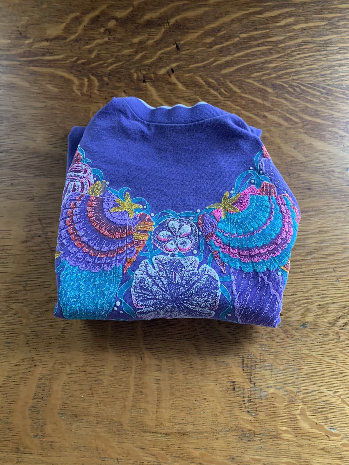 Vtg 90s Panama Jack Granny TShirt L ? Purple Shells Glittery Distressed Sea