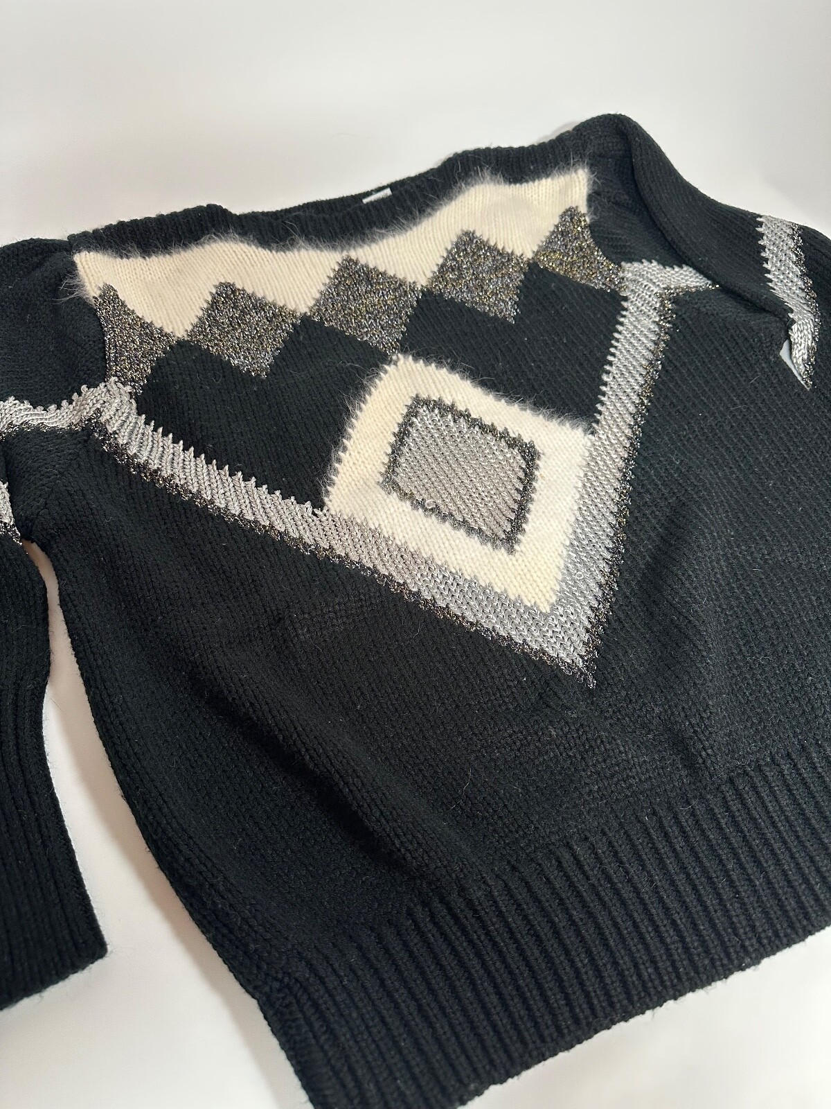 Vintage 80s 90s Maurada Black White Silver Geometric Diamond Holiday Sweater