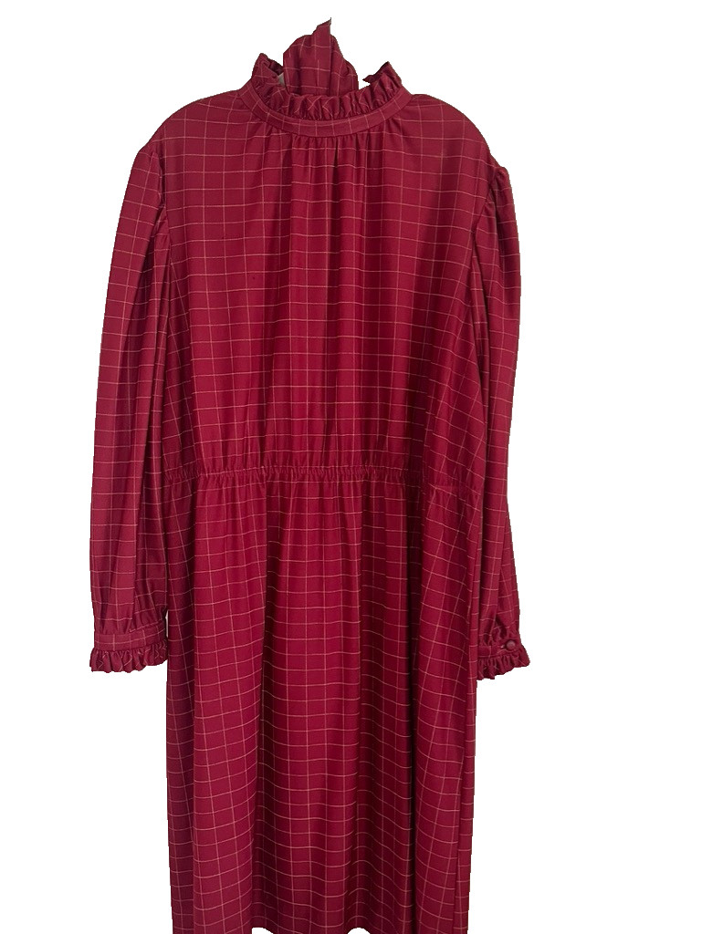 Vintage Handmade Houndstooth Ruffle Neck Dress Red 22 Festive Holiday Preppy Mod