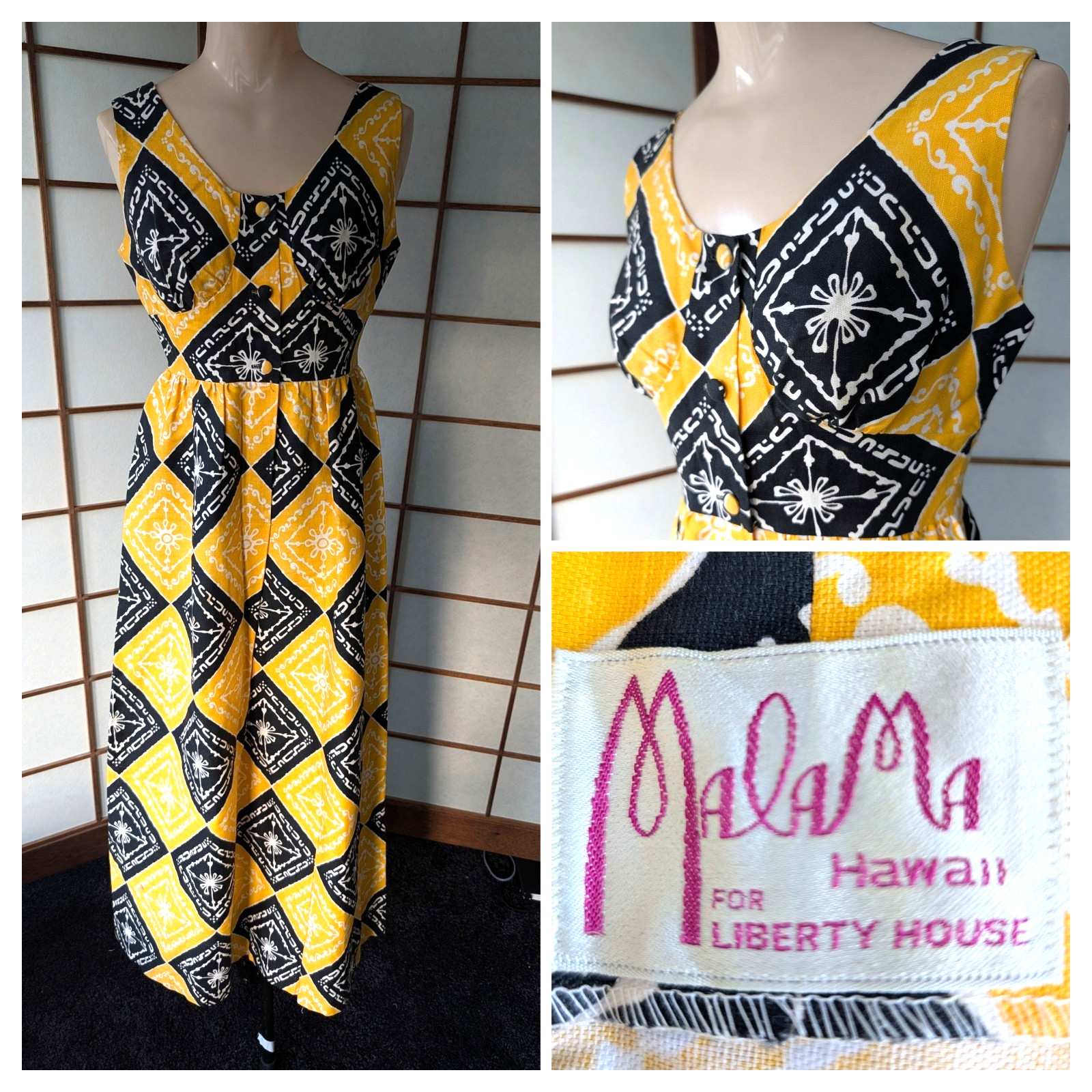 Vtg 70s Malama Hawaii Liberty House Maxi Dress MuuMuu Ylw & Blk Tribal Print XS