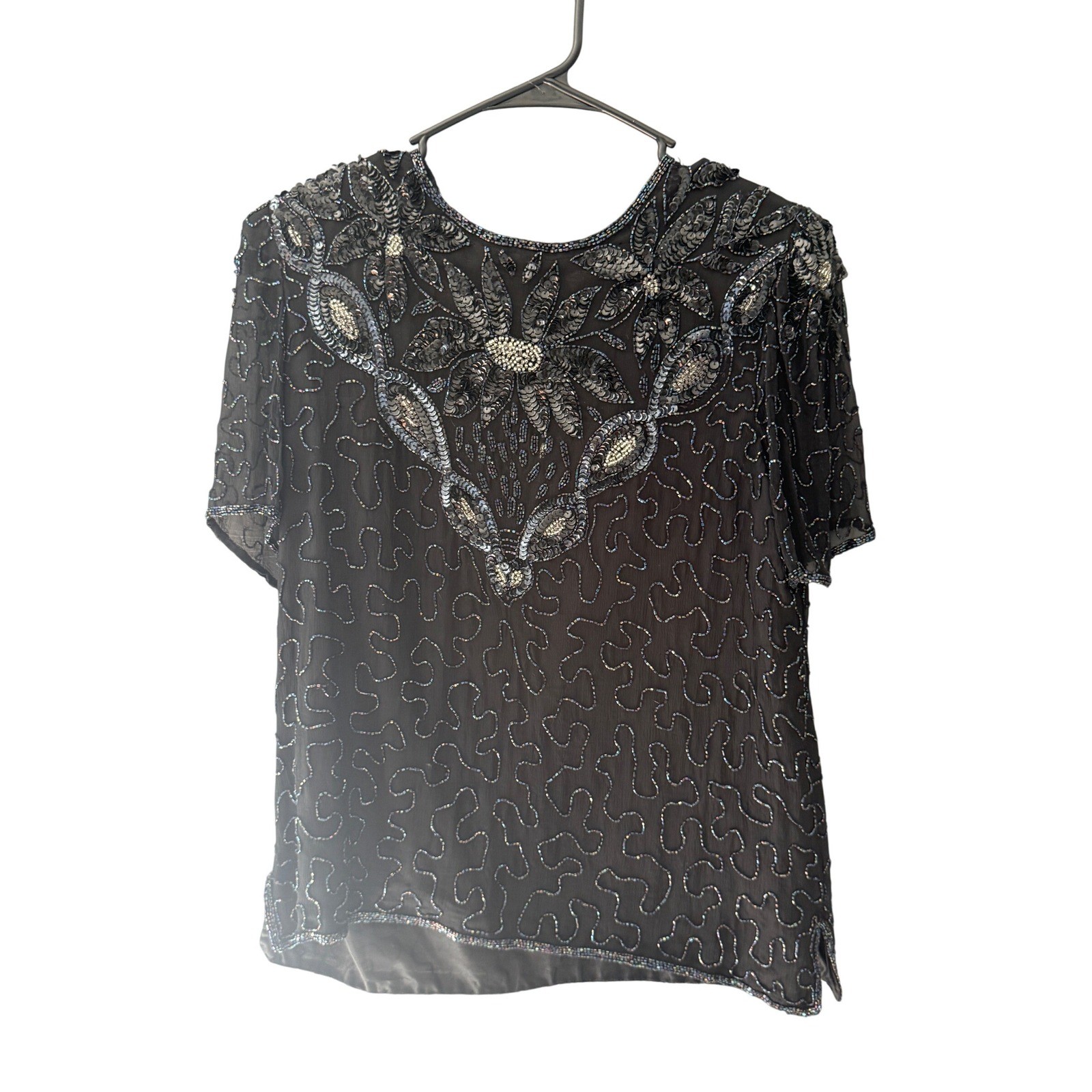 Sweelo Vintage Black Silk Beaded Sequin Floral Evening Top Short Sleeve Medium