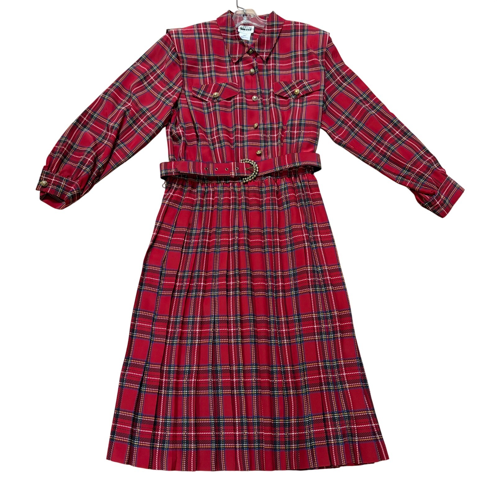Leslie Fay Vintage Red Plaid Midi Secretary Dress Belted Pleated 18WP Petite