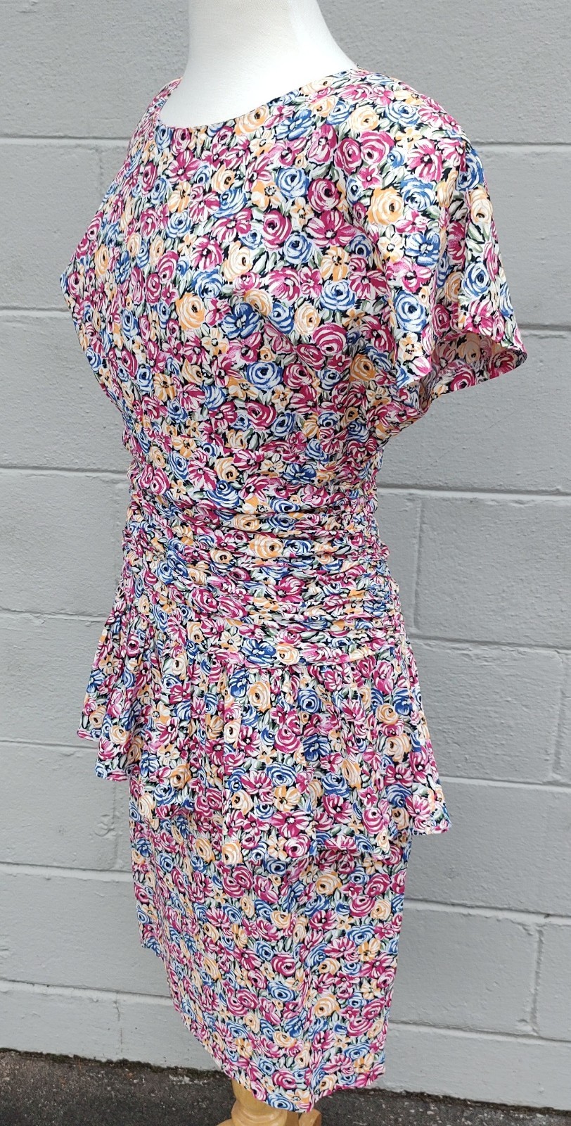VTG 80s Jane Singer Rayon Floral Dress size 10 Drop Waist Ruffle Peplum USA Made