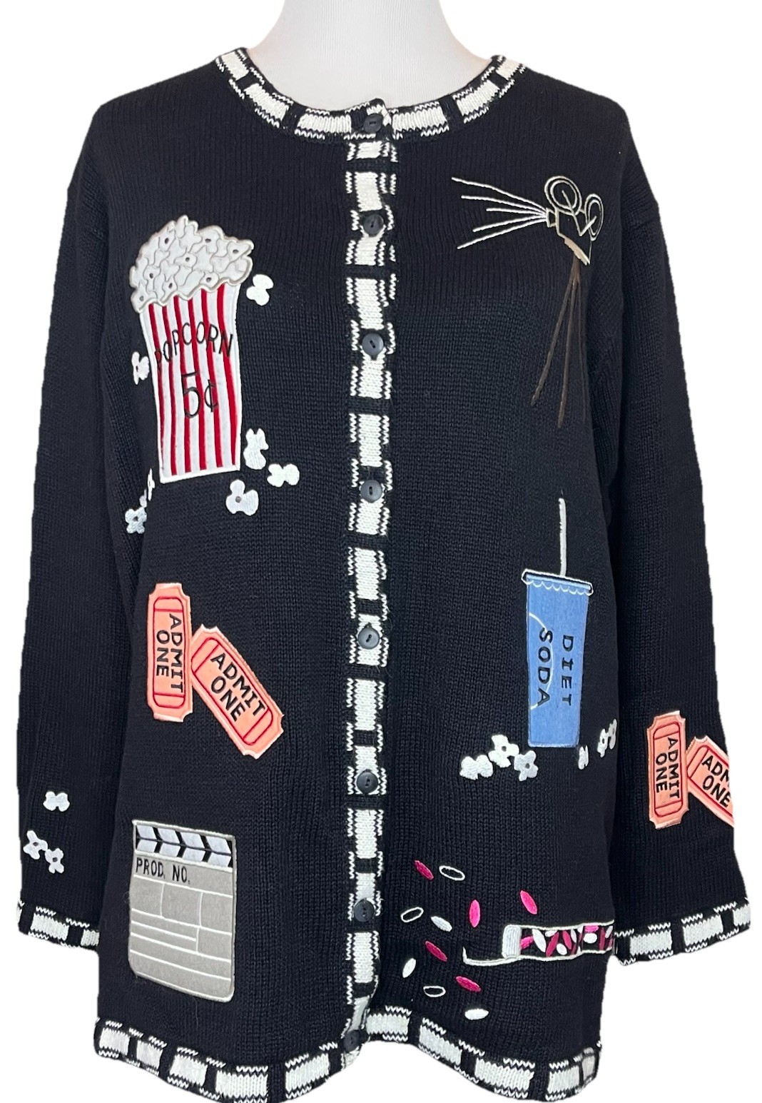 Vtg Quaker Factory Cardigan Sweater Movie Theme Appliqué Embroidery Plus Size 1X