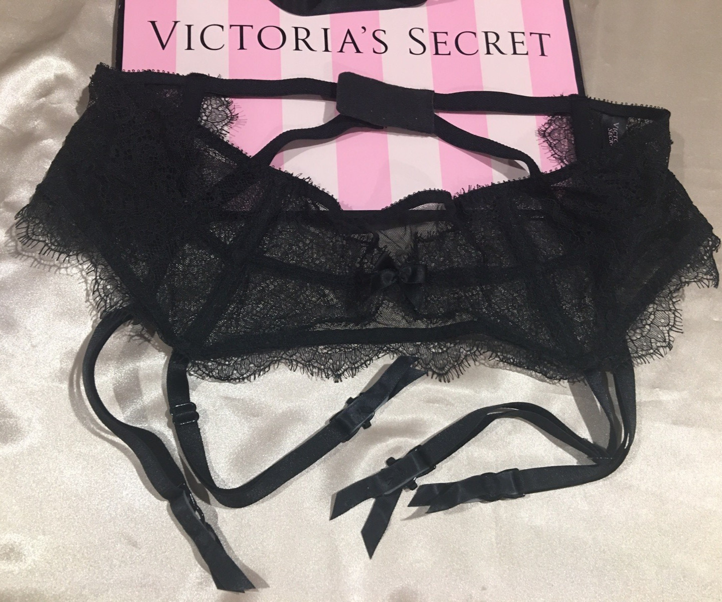 Vtg Victoria’s Secret Black Lace Nylon Y2K Garter Belt M L