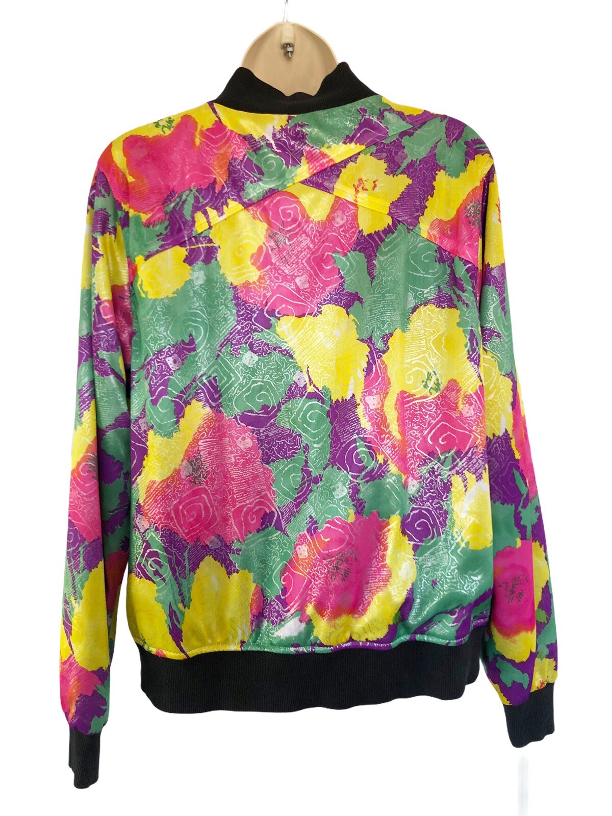 Vintage Hellz Bellz 80s 90s Sz L Pink Purple Green Floral Zip Up Bomber Jacket