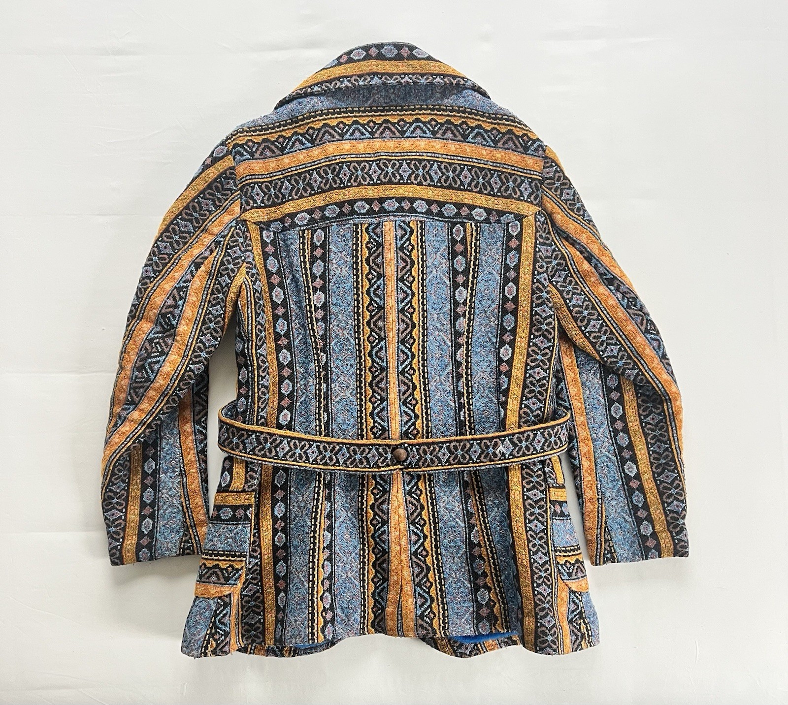 1970s Coat Colorful Tapestry Carpet Jacket Belt Toggle Button Amazing Aztec