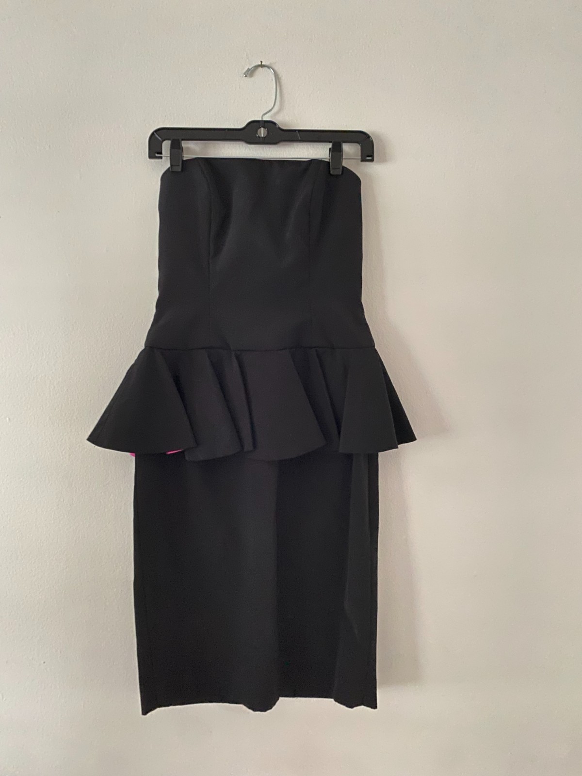 Vintage 1980s AJ Bari Black & Pink Peplum Strapless Rhinestone Bow Party Dress 6