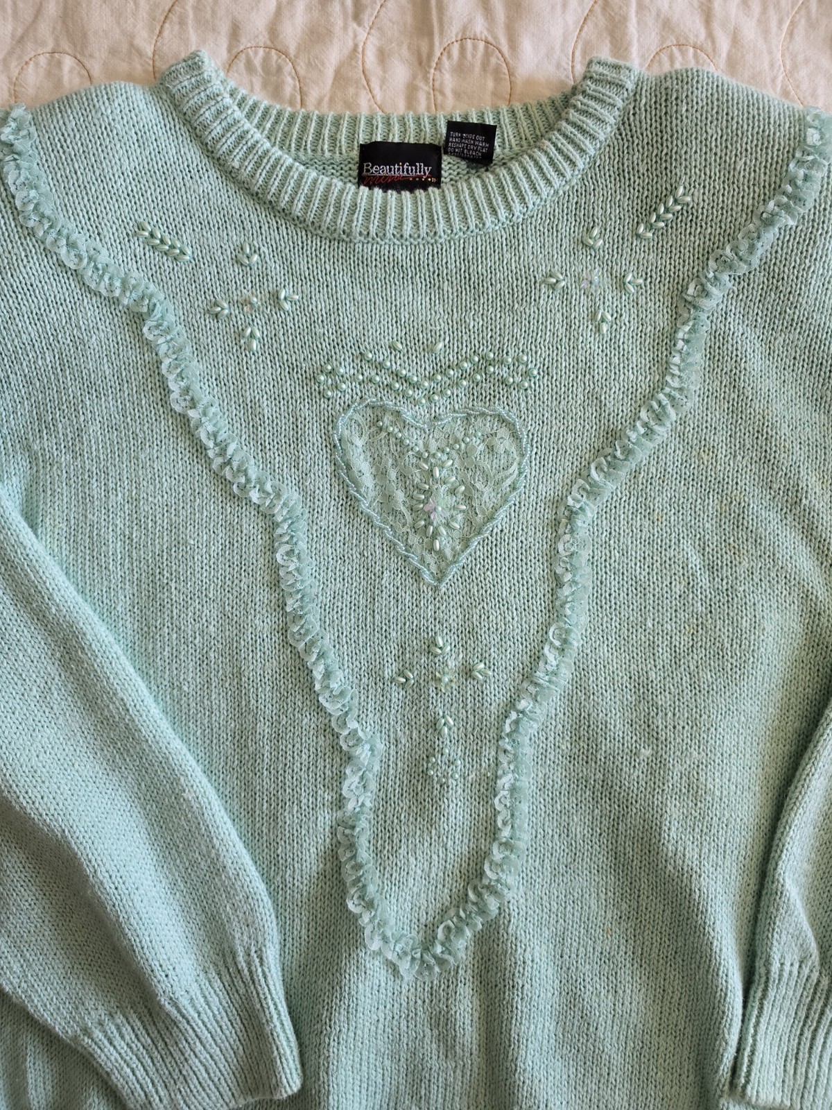 Vintage 80s Mint Green Beaded Heart Sweater Womens Med Cottagecore Grandmacore