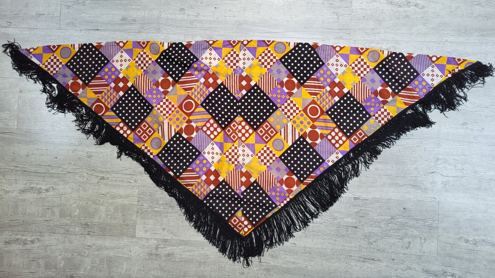 Vintage 1960’s Mod Geo Dot Print Maxi Skirt + Fringed Shawl – Waist 27″ – EUC