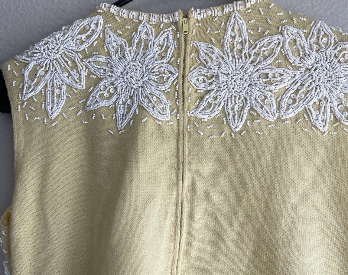 Cavanagh’s 1960s yellow pure wool shell top White Beaded