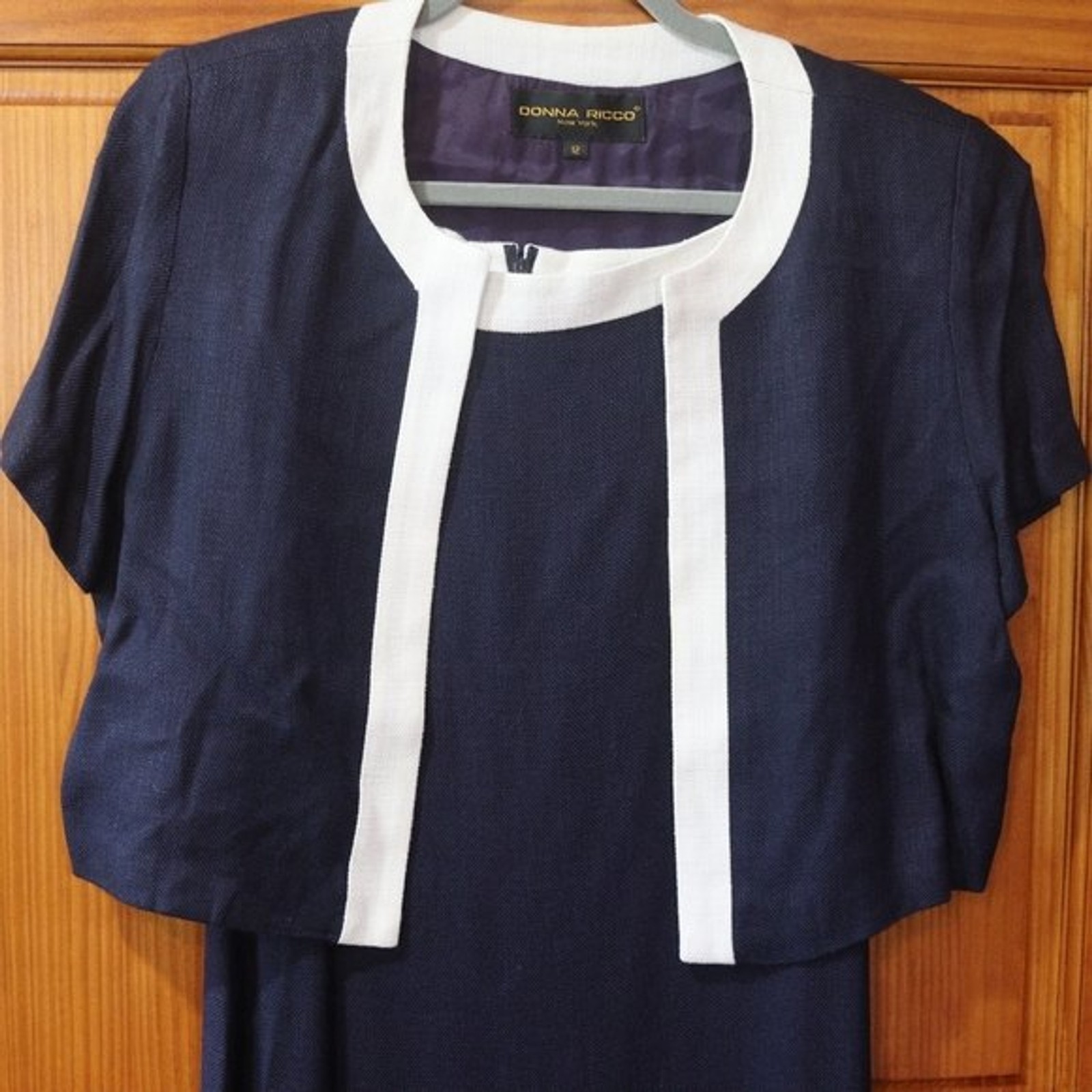 Donna Ricco Vintage Navy Blue White Trim Midi Dress & Jacket Set 12