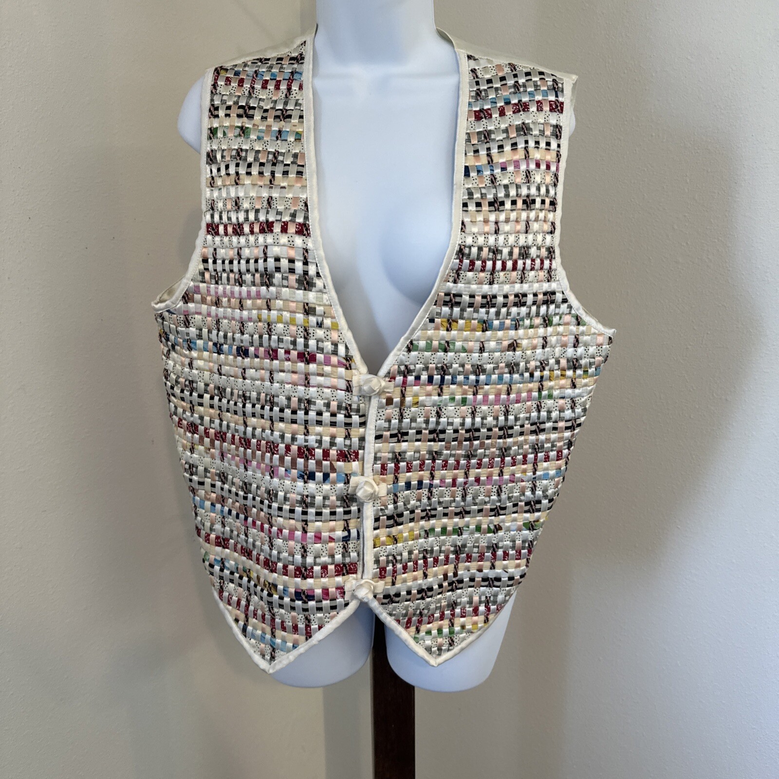 Vintage Soul Mates Woven Ribbon Vest – Unique Multicolor Boho Style, Size M