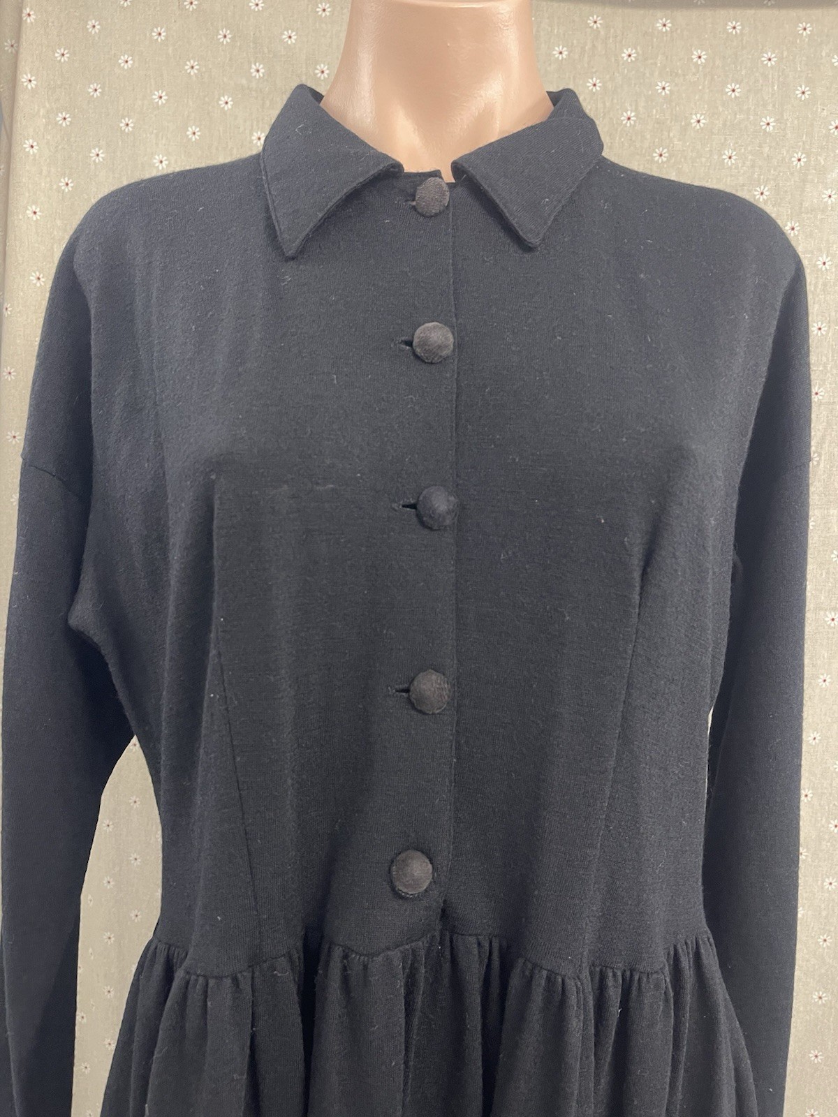 Vtg Jacqueline West Dress 100% Wool 2 Small Maxi Swing Black Collar Long Sleeve
