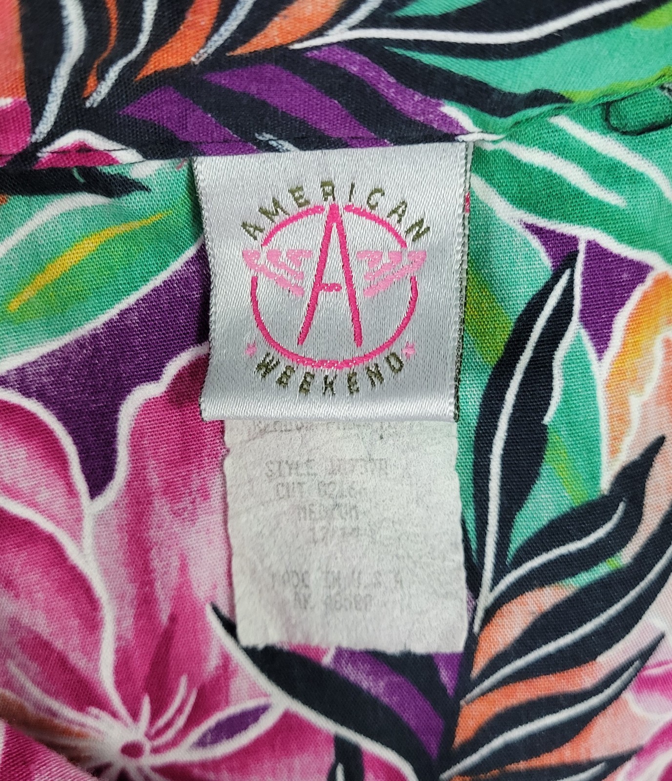 Vintage American Weekend Purp/Pink/Yell/Orange/Green Tropical Floral Top Size M