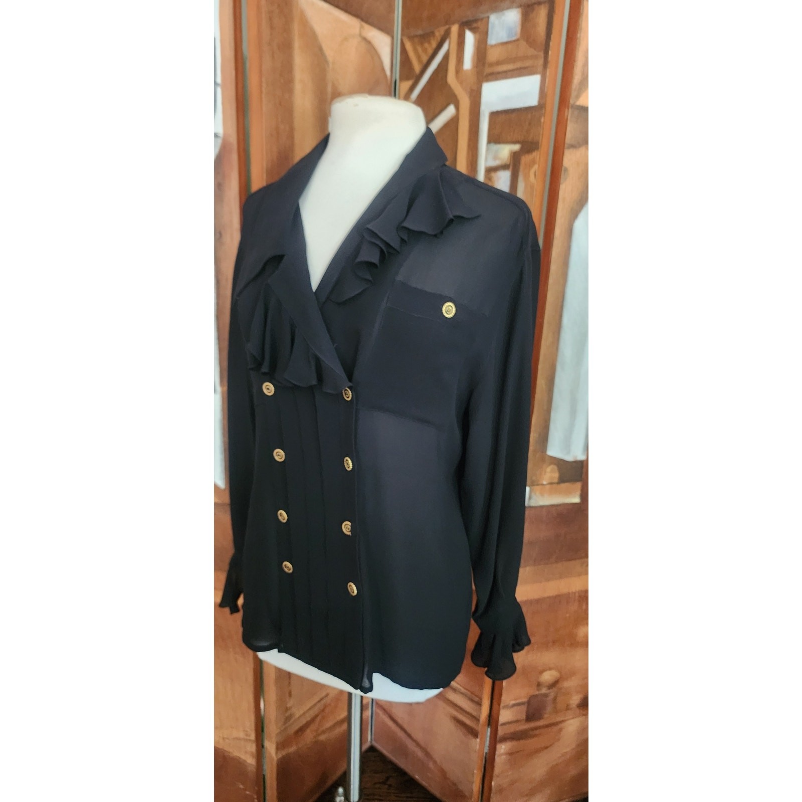 Vintage 80s Karl Lagerfeld Blouse Black Silk Ruffled Front Poet Shirt Semi-Sheer