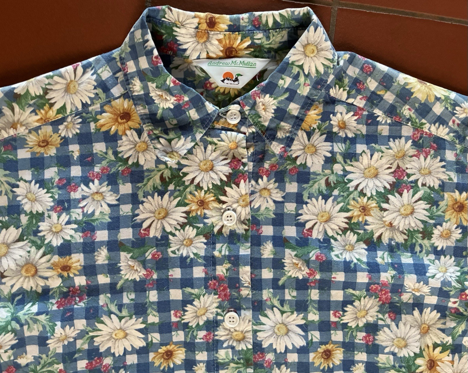 Vintage 80s Andrew McMullan Gingham Daisy Print Button Up Short Sleeve M USA