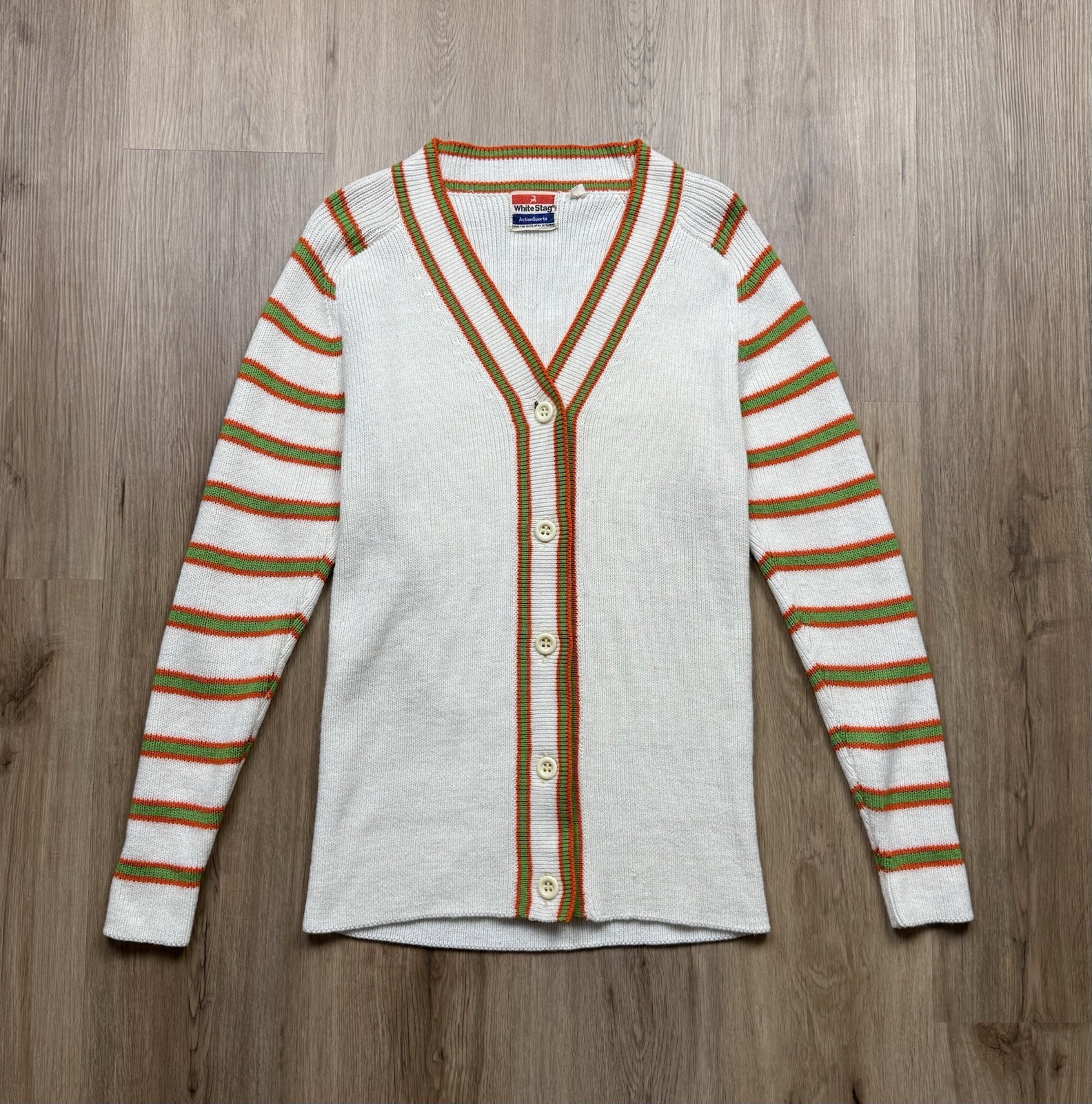 60s VINTAGE White Stag Action Sports Striped Cardigan Sweater Size Medium Women