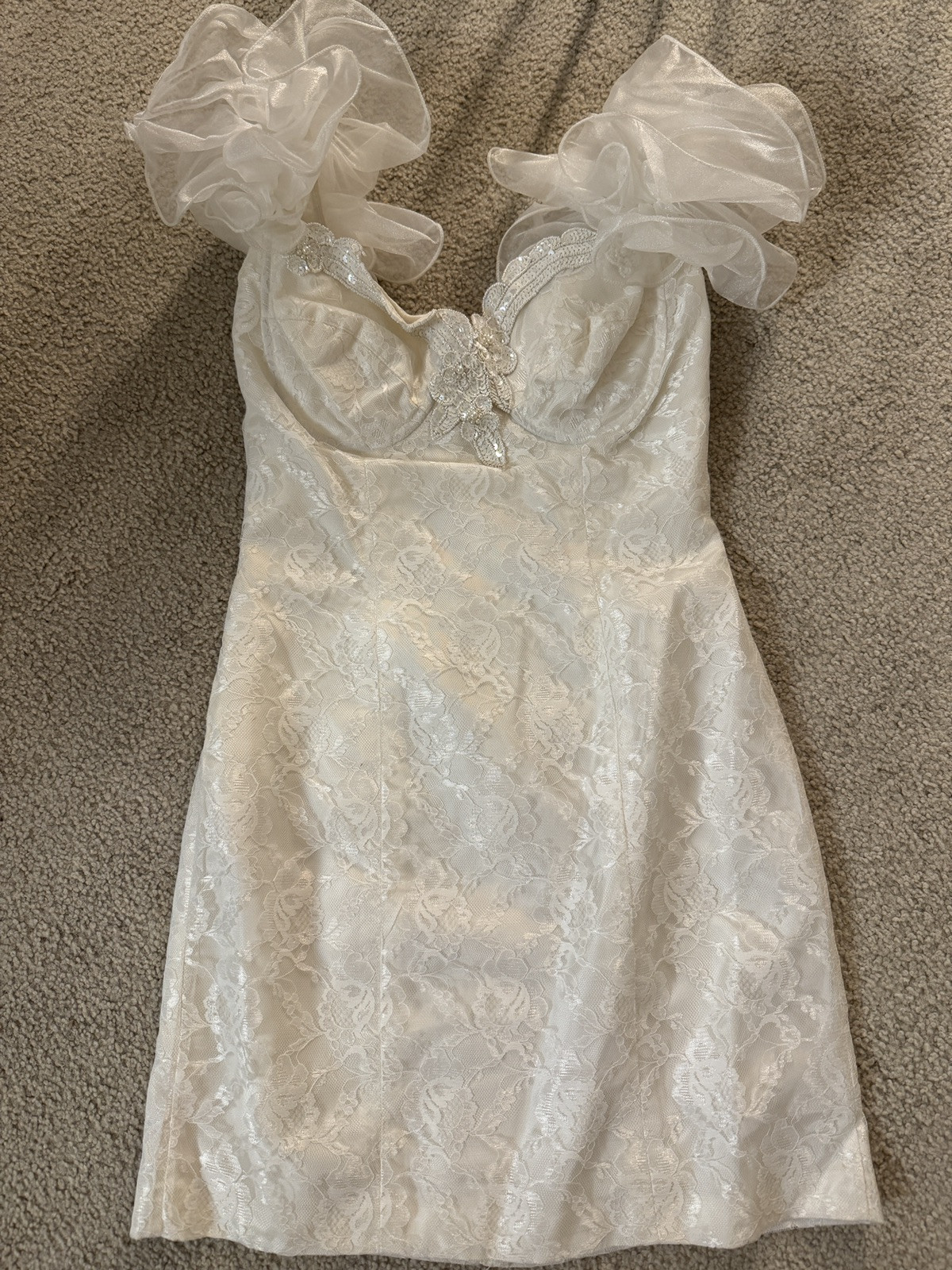 Loralie Vintage 80s 90s White Lace Ruffle Sleeve Beaded Mini Dress Size M USA