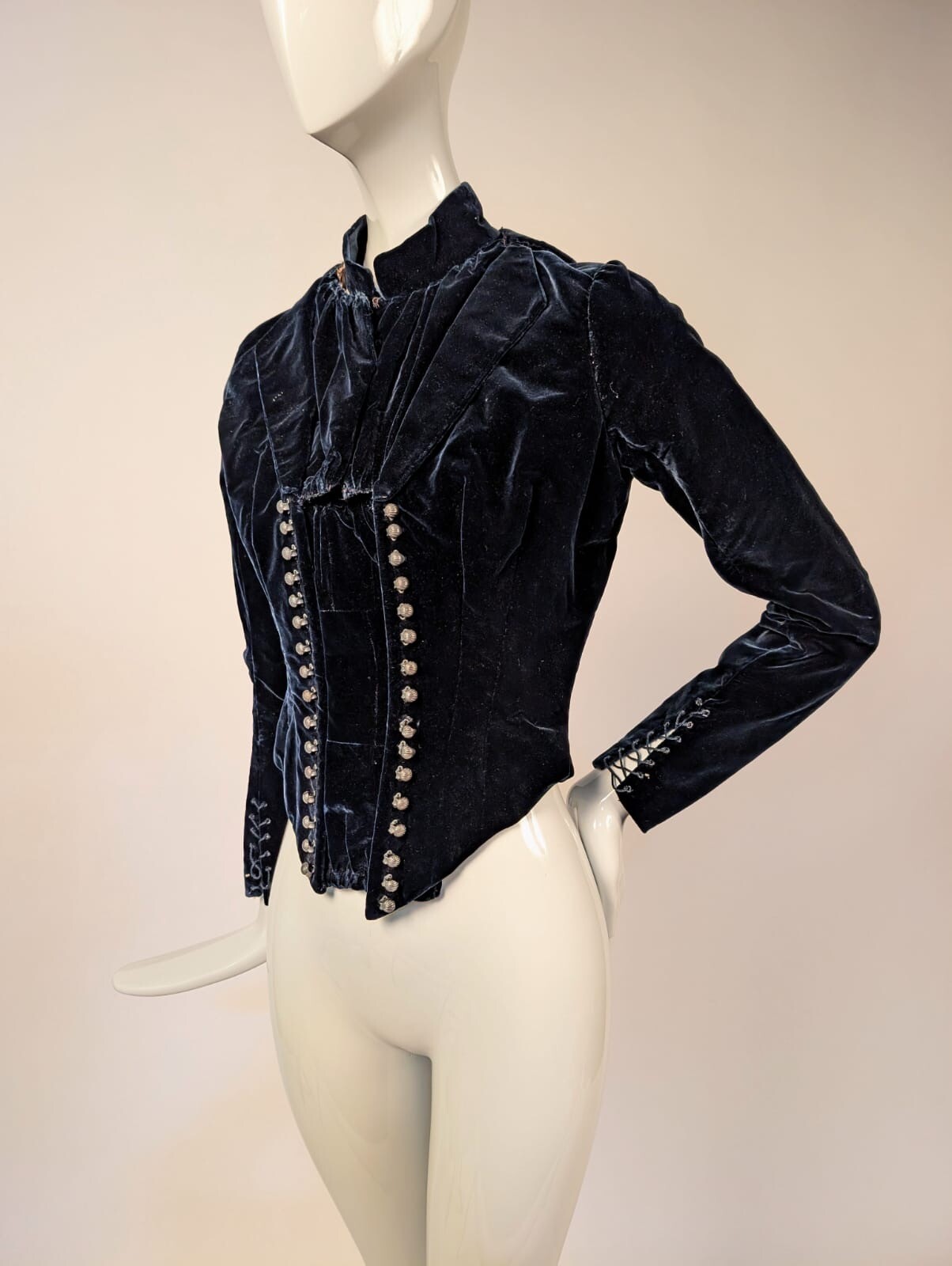 GOTHIC VICTORIAN 19TH C BLACK SILK VELVET JACKET W CORSET LACING HOOKS + GROMMET