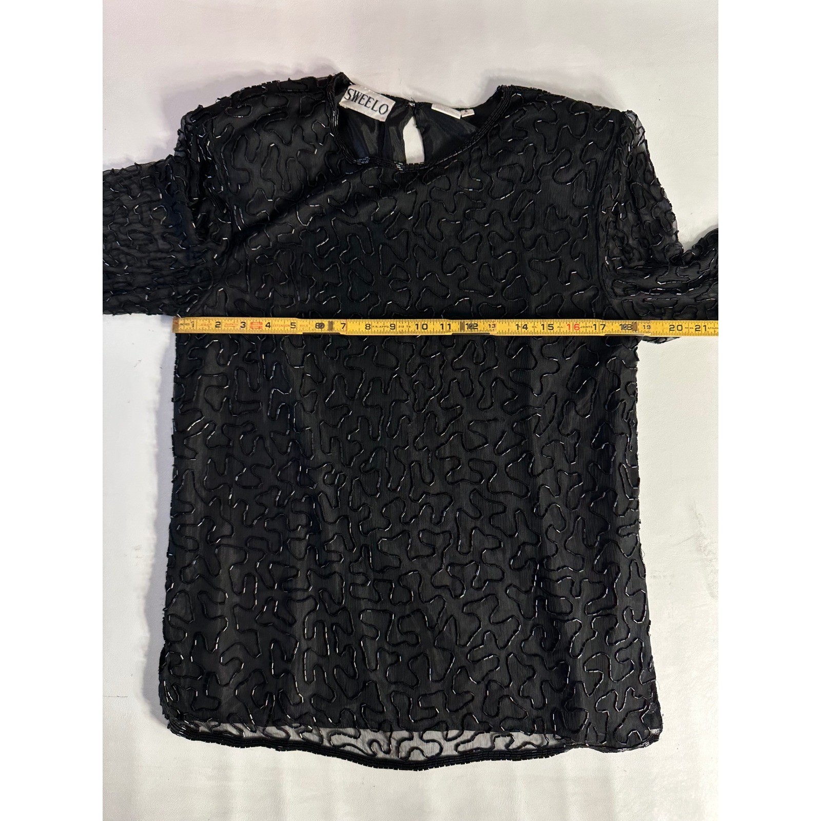 Sweelo Vintage Black Beaded Silk Top Sheer Long Sleeve Evening Blouse Small 6-8