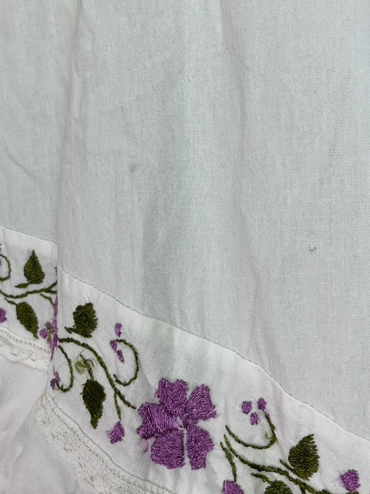 Vintage 1970s Mexican White Cotton Purple Flower Embroidered Halter Dress 70s