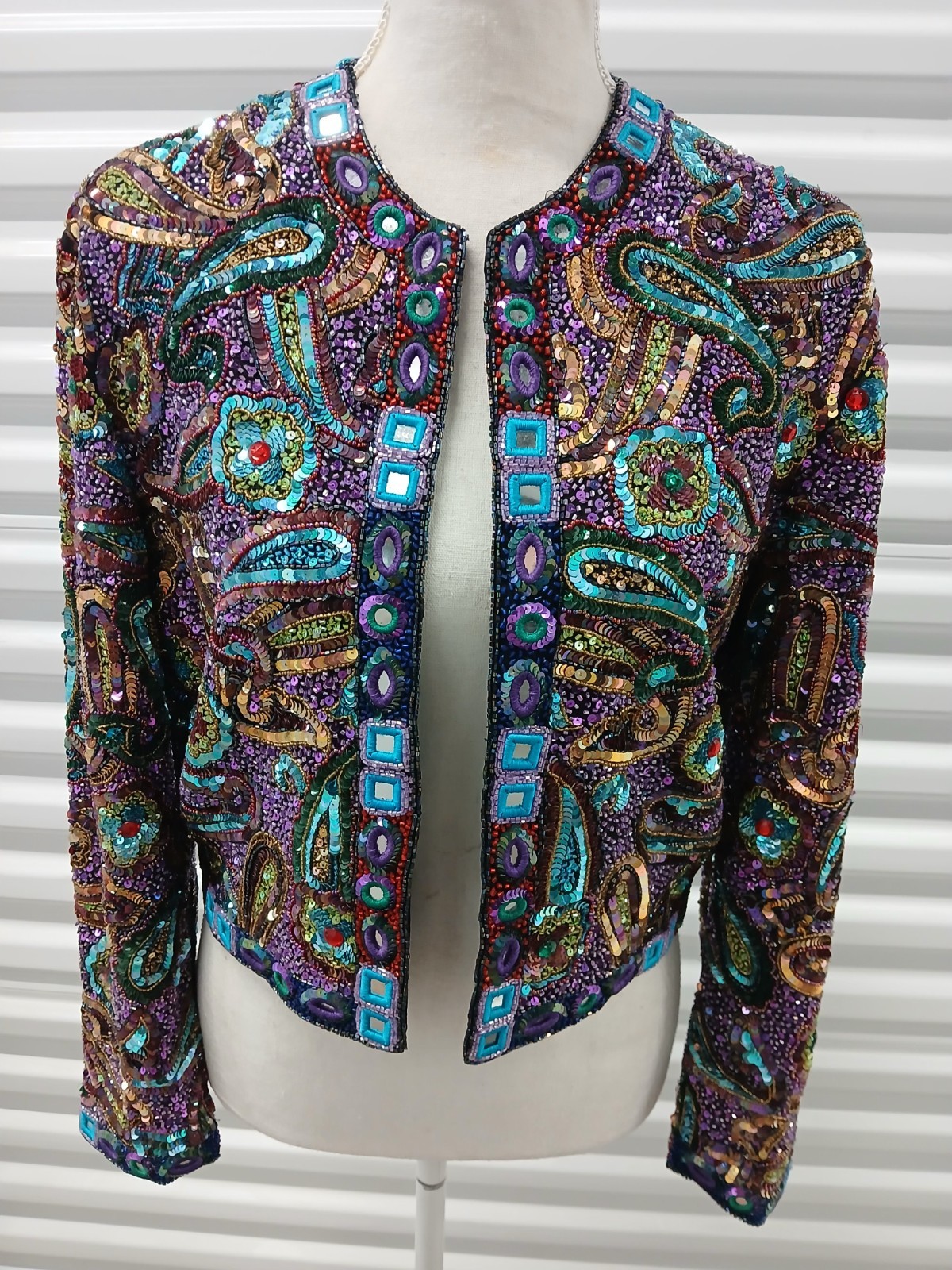 VTG Troy Trophy Bolero Jacket Cropped Beaded Sequin Mirror Art Wear Sz S Boho