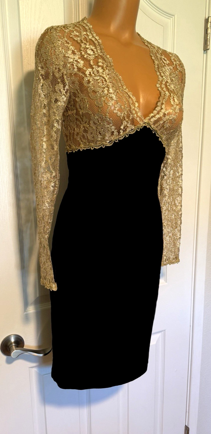 VTG 80’S SCOTT McCLINTOCK BLACK VELVET W/ METALLIC GOLD LACE DRESS SZ 4 (S)