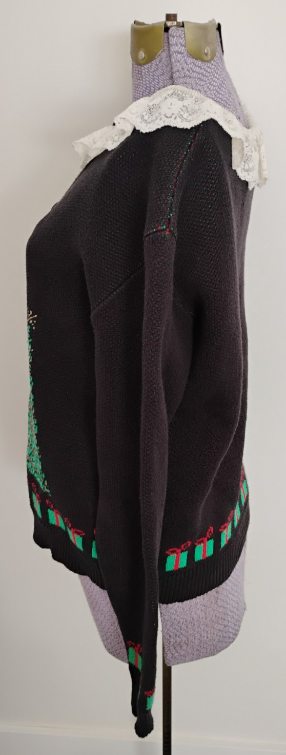 Vtg Christmas Cardigan Sweater Women’s Lace Collar Cottagecore USA L Holiday