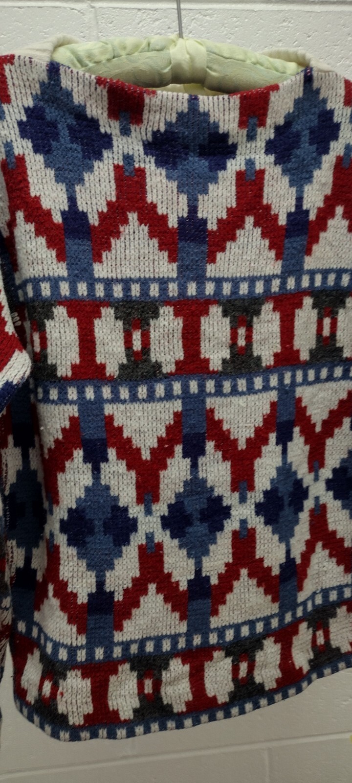 MCM Sweater Mid Century Holiday Burgundy Red White & Blues Mod Mock Neck Crew