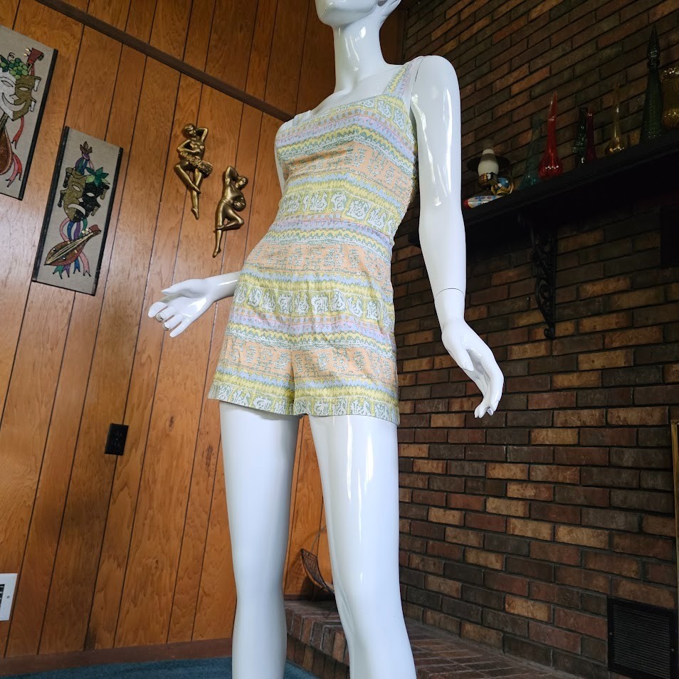 Vtg 50s Pinup Romper Playsuit Pastel Stripe Bombshell Swimsuit Bathing Suit S