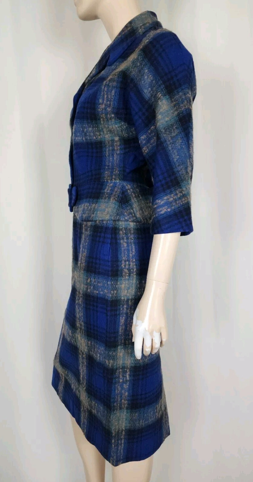 Vintage 40s 50s Earle Picard blue wool tartan plaid jacket skirt suit set S