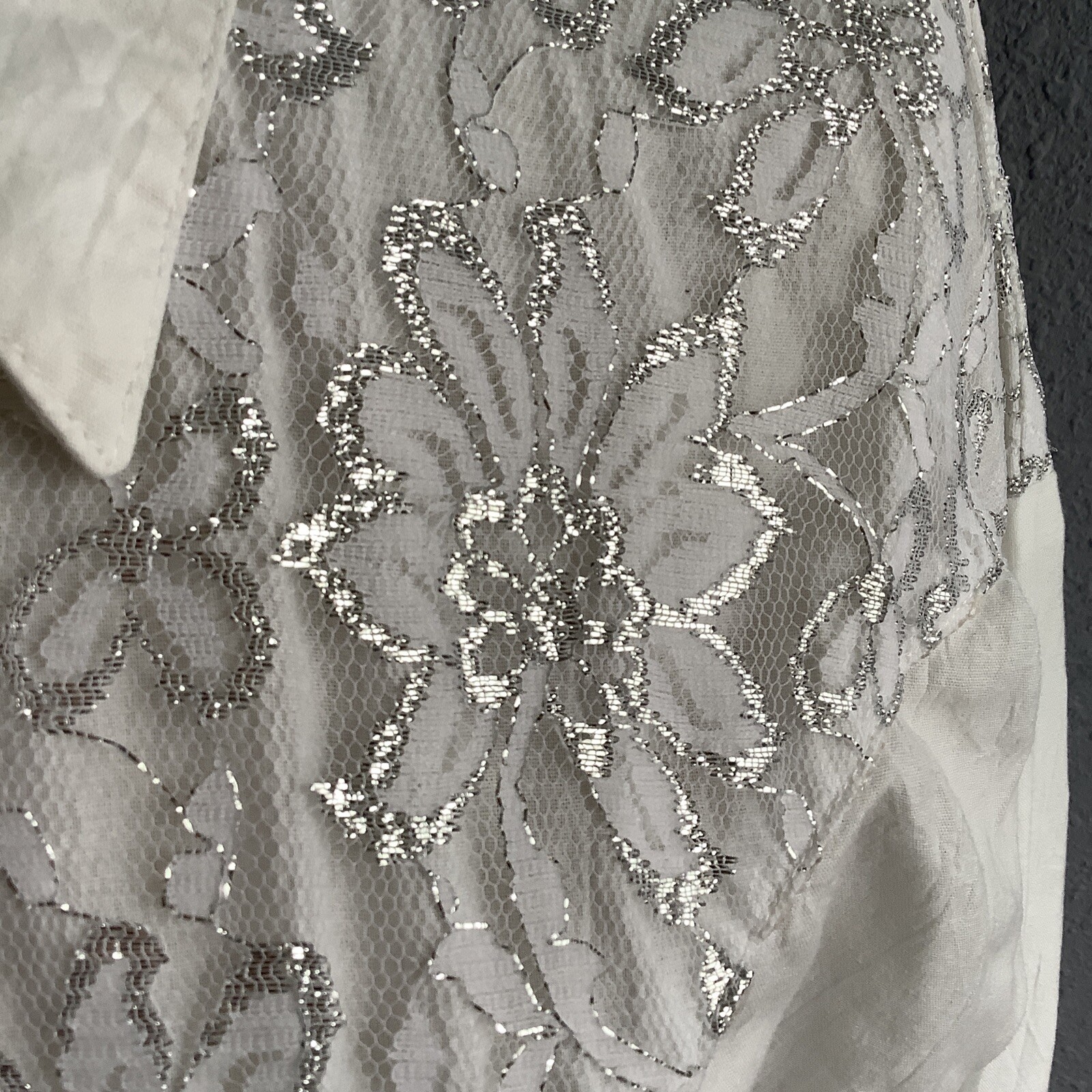 Vintage 80s Lilia Smitty White Long Sleeve Western Lace Metallic Bib Shirt MED