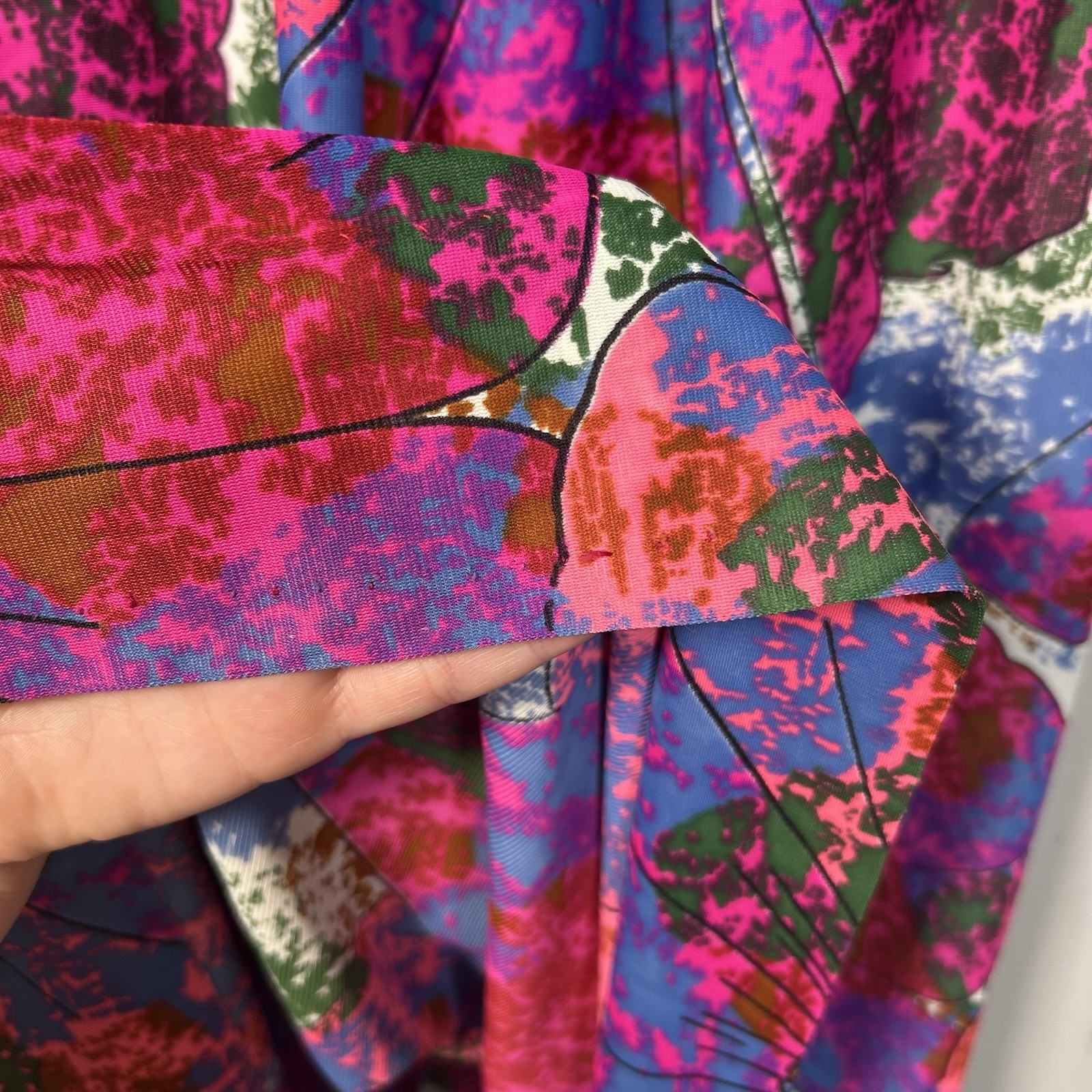 VTG 60s Floral Abstract Mock Neck Hippie Psychedelic Long Maxi Dress Sz M
