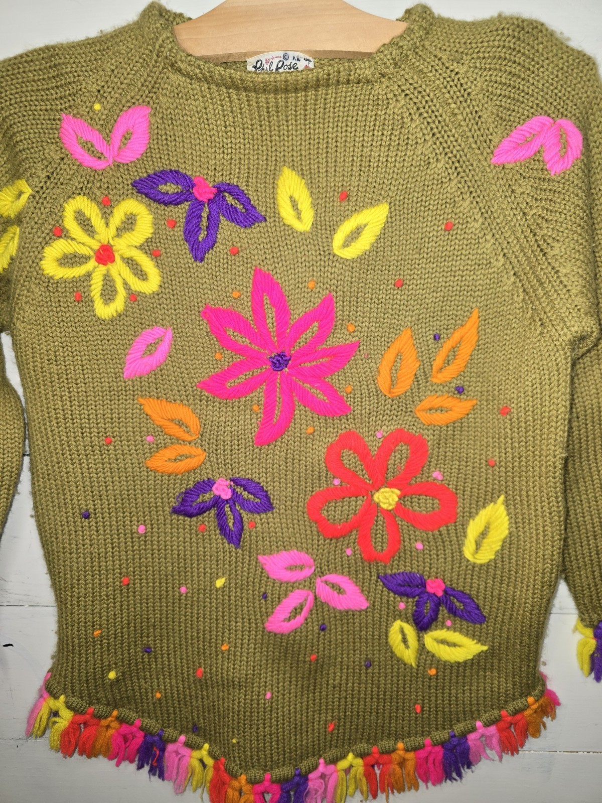 Vintage Phil Rose Pantsweater Floral Green 100% Wool Fringe