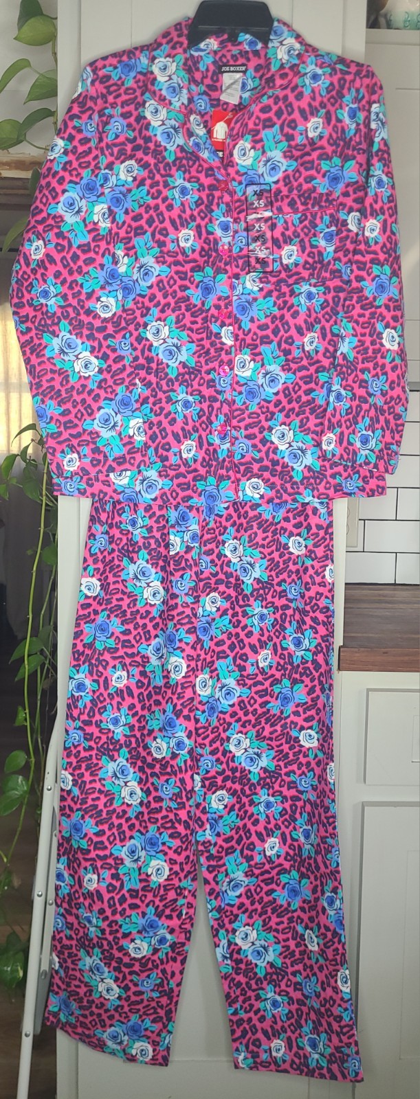 NWT Vntg Joe Boxer Pajama Set Leopard Blue Roses Print XS