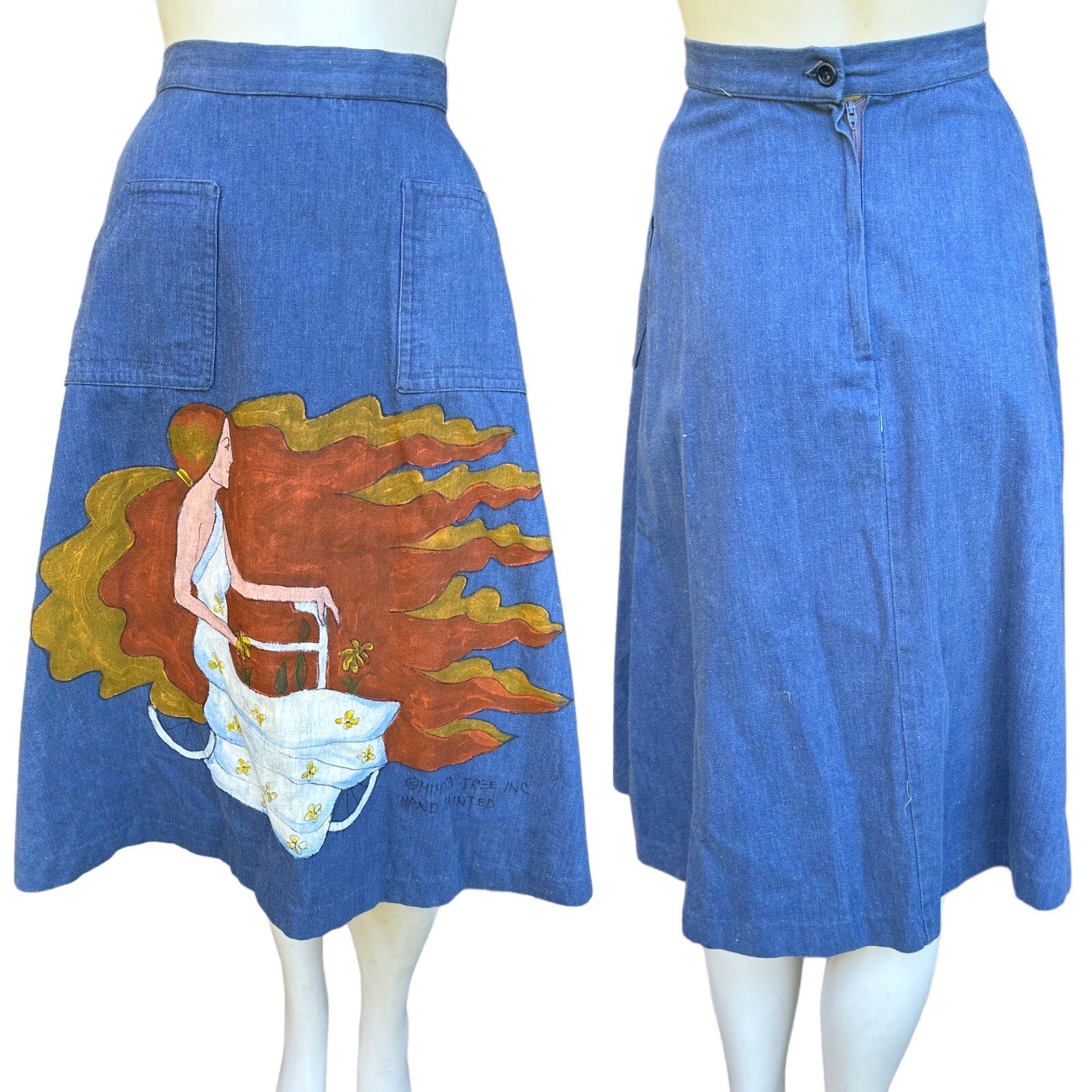 Vintage 1970s Mimosa Tree Inc Hand Painted Goddess Woman Hippie Skirt 23″ Waist